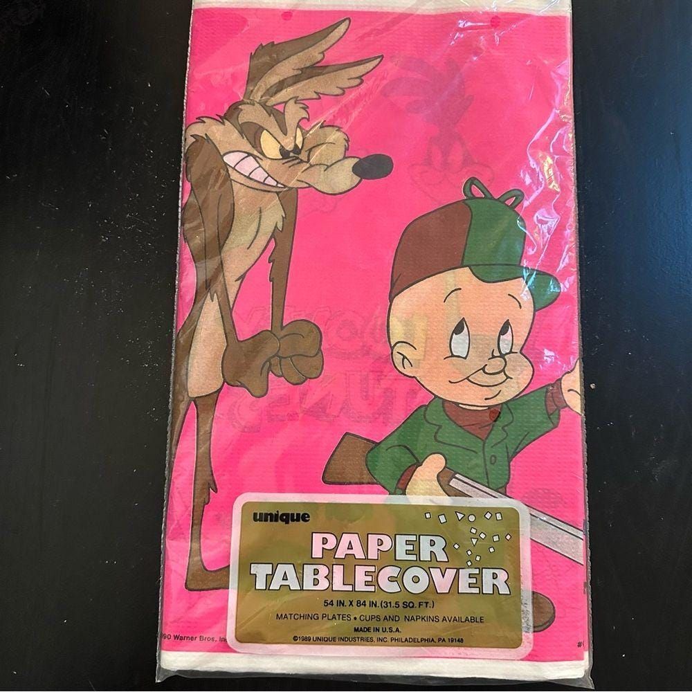 Vintage Pink Looney Tunes Paper Tablecover, Bugs Bunny, Elmer Fudd, Tablecloth